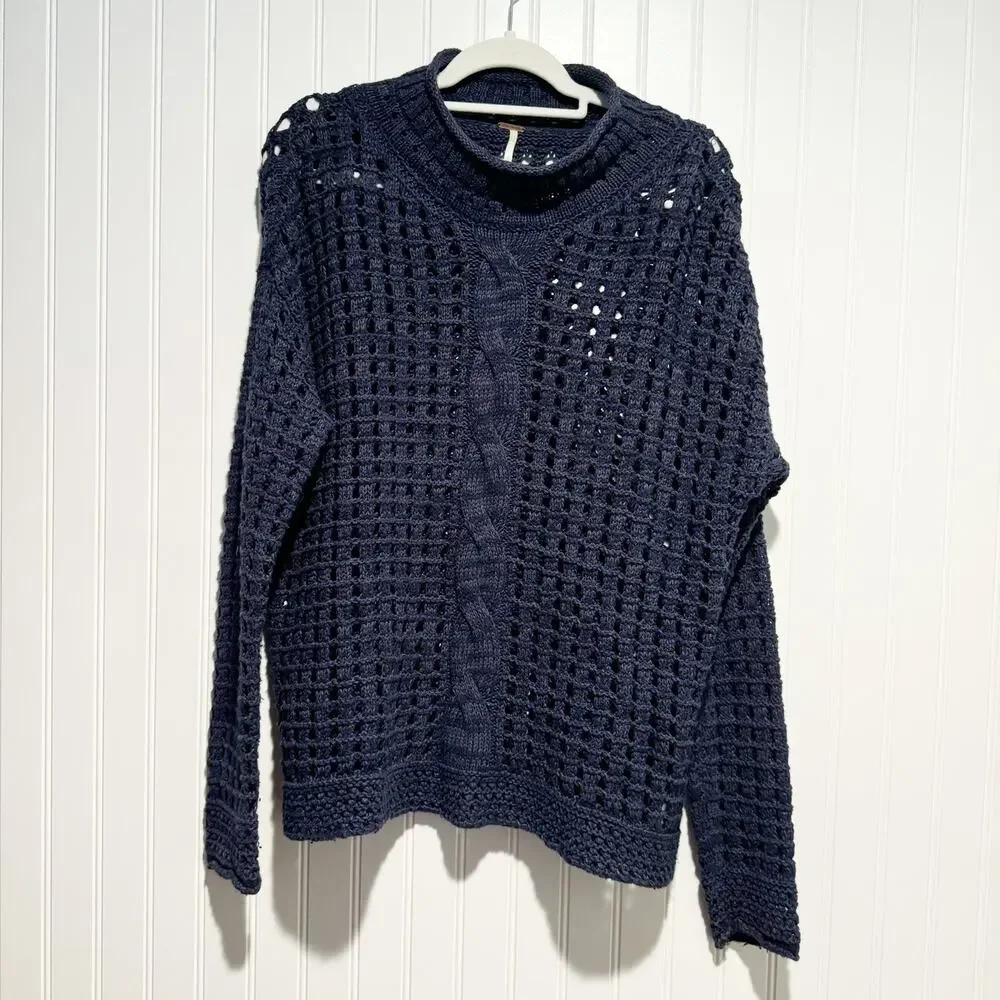 Free People Navy Blue Open Knit Cableknit Sweater Size Medium